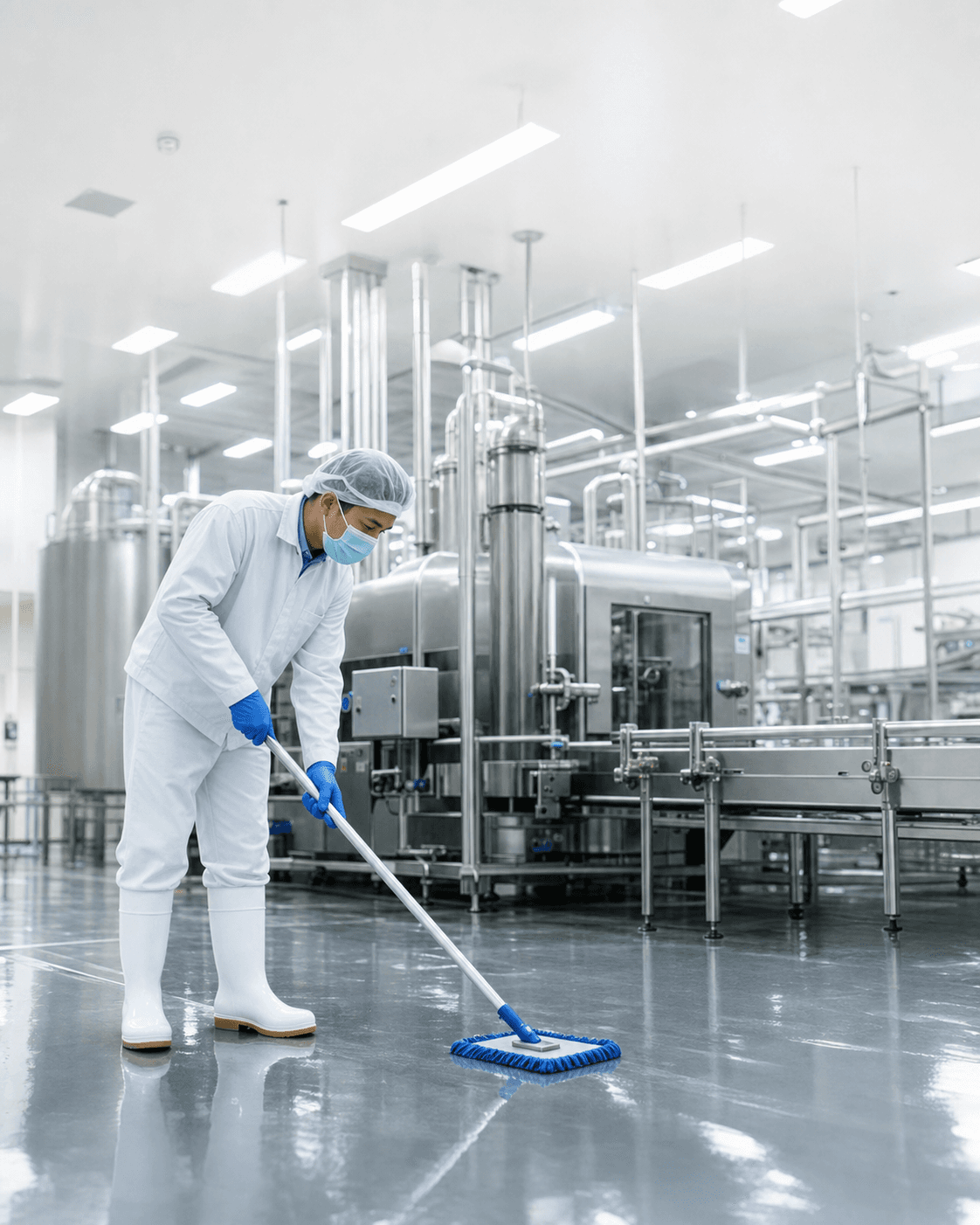 Professional cleaning a bright industrial facility